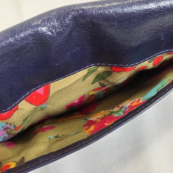 Latico Leather Wallet Navy Blue Brass Snap Closure Fold Over Floral Lining - Picture 6 of 6